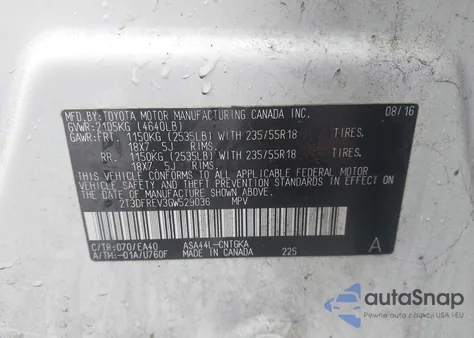 2016 Toyota Rav4 Limited z USA, uszkodzony, nr VIN 2T3DFREV3GW529036